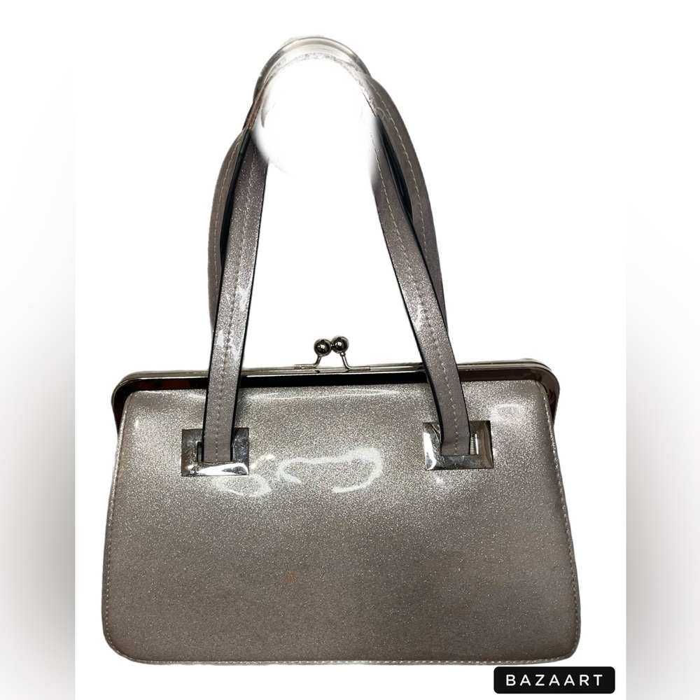 Hell Bunny silver glitter vinyl satchel bag with kiss clasp on top. B3